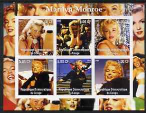 Congo 2002 Marilyn Monroe imperf sheetlet containing set of 6 unmounted mint, stamps on films, stamps on cinema, stamps on entertainments, stamps on women, stamps on personalities, stamps on marilyn, stamps on monroe