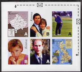 Kosova 1999 Events & Personalities #1 imperf sheetlet containing set of 6 values (denominated A or B) unmounted mint, stamps on , stamps on  stamps on personalities, stamps on  stamps on millennium, stamps on  stamps on charles, stamps on  stamps on diana, stamps on  stamps on royalty, stamps on  stamps on golf, stamps on  stamps on sport, stamps on  stamps on maps