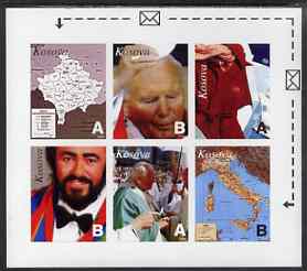 Kosova 1999 Events & Personalities #2 imperf sheetlet containing set of 6 values (denominated A or B) unmounted mint, stamps on personalities, stamps on millennium, stamps on maps, stamps on pope, stamps on pavarotti, stamps on music, stamps on 