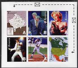 Kosova 1999 Events & Personalities #3 imperf sheetlet containing set of 6 values (denominated A or B) unmounted mint, stamps on personalities, stamps on millennium, stamps on maps, stamps on elvis, stamps on music, stamps on pops, stamps on usa, stamps on presidents, stamps on baseball, stamps on sport, stamps on americana