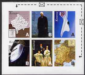 Kosova 1999 Events & Personalities #4 imperf sheetlet containing set of 6 values (denominated A or B) unmounted mint, stamps on personalities, stamps on millennium, stamps on maps, stamps on concorde, stamps on aviation, stamps on railways, stamps on 