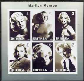 Eritrea 2001 Marilyn Monroe imperf sheetlet #1 containing 6 values unmounted mint, stamps on marilyn monroe, stamps on films, stamps on cinema, stamps on entertainments, stamps on women