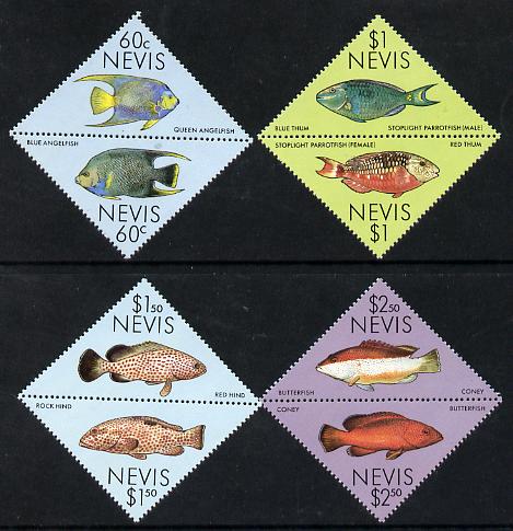 Nevis 1987 Coral Reef Fishes triangular set of 8 unmounted mint SG 477-84, stamps on fish, stamps on triangulars