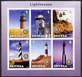 Eritrea 2001 Lighthouses imperf sheetlet #1 containing 6 values (each with Rotary logo) unmounted mint, stamps on lighthouses, stamps on rotary