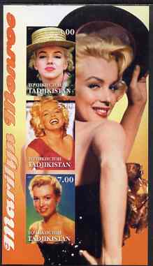 Tadjikistan 2001 Marilyn Monroe imperf sheetlet containing 3 values unmounted mint, stamps on , stamps on  stamps on films, stamps on  stamps on cinema, stamps on  stamps on personalities, stamps on  stamps on entertainments, stamps on  stamps on marilyn, stamps on  stamps on marilyn monroe