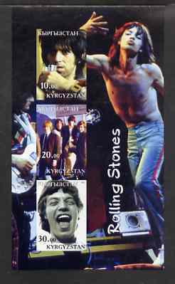 Kyrgyzstan 2001 Rolling Stones imperf sheetlet containing 3 values unmounted mint, stamps on , stamps on  stamps on music, stamps on  stamps on pops, stamps on  stamps on entertainments, stamps on  stamps on rock