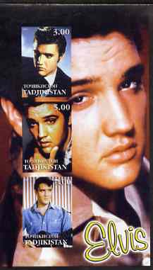 Tadjikistan 2001 Elvis Presley imperf sheetlet containing set of 3 values unmounted mint, stamps on , stamps on  stamps on personalities, stamps on  stamps on elvis, stamps on  stamps on music, stamps on  stamps on films, stamps on  stamps on entertainments, stamps on  stamps on pops