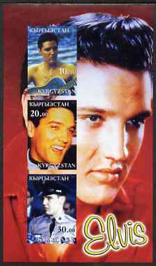 Kyrgyzstan 2001 Elvis Presley imperf sheetlet containing set of 3 values unmounted mint, stamps on , stamps on  stamps on personalities, stamps on  stamps on elvis, stamps on  stamps on music, stamps on  stamps on films, stamps on  stamps on entertainments, stamps on  stamps on pops