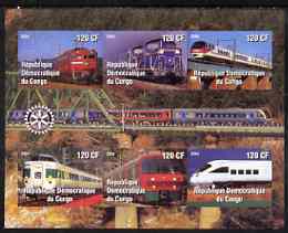 Congo 2004 Modern Trains #1 (small format) imperf sheetlet containing 6 values, with Rotary Logo unmounted mint, stamps on railways, stamps on rotary