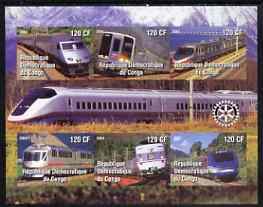 Congo 2004 Modern Trains #2 (small format) imperf sheetlet containing 6 values, with Rotary Logo unmounted mint, stamps on railways, stamps on rotary