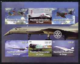 Congo 2004 Aircraft (incl BA Concorde) imperf sheetlet containing 6 values, with Rotary Logo unmounted mint, stamps on , stamps on  stamps on aviation, stamps on  stamps on concorde, stamps on  stamps on rotary