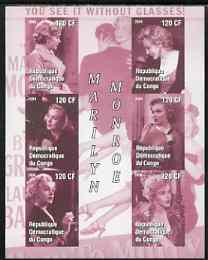 Congo 2004 Marilyn Monroe #1 (mauve background) imperf sheetlet containing 6 values, unmounted mint, stamps on , stamps on  stamps on films, stamps on  stamps on cinema, stamps on  stamps on entertainments, stamps on  stamps on women, stamps on  stamps on marilyn monroe, stamps on  stamps on personalities