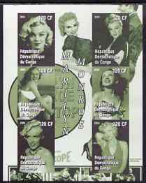 Congo 2004 Marilyn Monroe #2 (green background) imperf sheetlet containing 6 values, unmounted mint, stamps on , stamps on  stamps on films, stamps on  stamps on cinema, stamps on  stamps on entertainments, stamps on  stamps on women, stamps on  stamps on marilyn monroe, stamps on  stamps on personalities