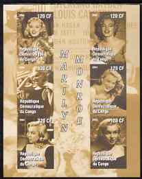 Congo 2004 Marilyn Monroe #3 (yellow-brown background) imperf sheetlet containing 6 values, unmounted mint, stamps on , stamps on  stamps on films, stamps on  stamps on cinema, stamps on  stamps on entertainments, stamps on  stamps on women, stamps on  stamps on marilyn monroe, stamps on  stamps on personalities