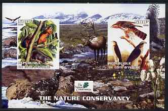 Ivory Coast 2003 The Nature Conservancy imperf m/sheet containing 2 x 500f values (mammals & birds by John Audubon) unmounted mint, stamps on , stamps on  stamps on wildlife, stamps on  stamps on birds, stamps on  stamps on mammals, stamps on  stamps on environment, stamps on  stamps on deer, stamps on  stamps on audubon