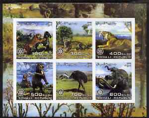 Somalia 2003 Dinosaurs imperf sheetlet containing 6 values each with Rotary Logo, unmounted mint, stamps on , stamps on  stamps on dinosaurs, stamps on  stamps on rotary, stamps on  stamps on sabre