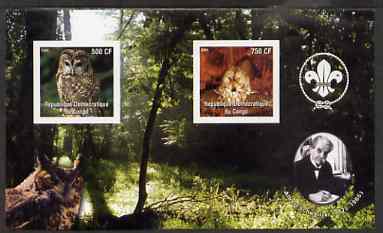 Congo 2004 Owls imperf sheetlet containing 2 values with Scout Logo & Albert Schweitzer in background, unmounted mint, stamps on birds, stamps on birds of prey, stamps on owls, stamps on personalities, stamps on literature, stamps on nobel, stamps on philosophy, stamps on scouts