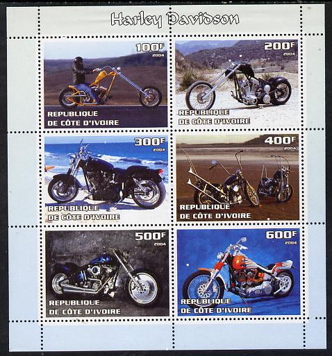 Ivory Coast 2004 Harley Davidson Motorcycles perf sheetlet containing set of 6 values unmounted mint, stamps on , stamps on  stamps on motorbikes