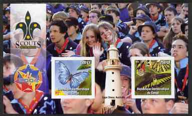 Congo 2004 20th Australian Scout Jamboree imperf sheetlet #3 containing 2 values (Butterflies) with Scout Logo & Lighthouse in background, unmounted mint, stamps on , stamps on  stamps on butterflies, stamps on  stamps on scouts, stamps on  stamps on lighthouses