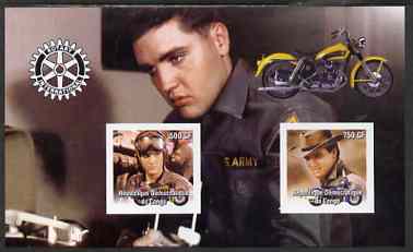 Congo 2004 Elvis Presley imperf sheetlet containing 2 values with Rotary Logo & Motorbike in background, unmounted mint, stamps on personalities, stamps on elvis, stamps on films, stamps on entertainments, stamps on cinema, stamps on music, stamps on rotary, stamps on motorbikes