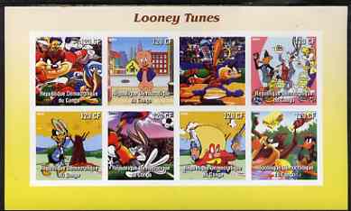 Congo 2003 Looney Tunes #1 imperf sheetlet containing 7 values plus label unmounted mint, stamps on films, stamps on movies, stamps on cartoons, stamps on baseball, stamps on eggs