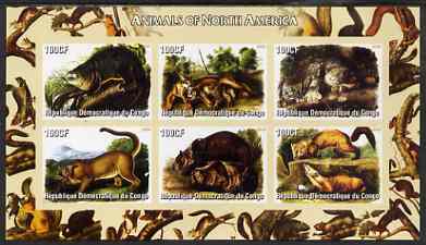 Congo 2005 Audubon Animals of North America imperf sheetlet containing 6 values unmounted mint, stamps on animals, stamps on bears, stamps on cats, stamps on audubon