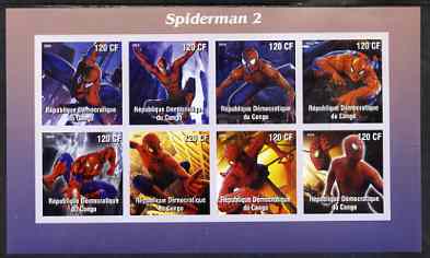 Congo 2004 Spiderman 2 imperf sheetlet containing 8 values, unmounted mint, stamps on , stamps on  stamps on films, stamps on  stamps on cinema, stamps on  stamps on sci-fi