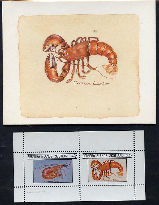 Bernera 1982 Shell Fish (Lobster) original artwork by Sharon File of the B L Kearley Studio, watercolour on board 110 x 95 mm plus issued perf sheetlet incorporating this image, stamps on , stamps on  stamps on fish, stamps on  stamps on food, stamps on  stamps on marine life