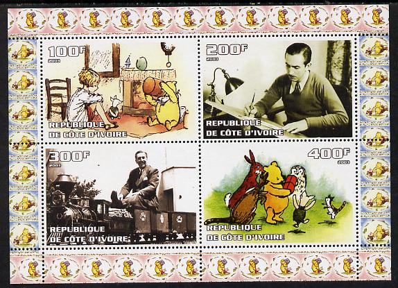 Ivory Coast 2003 Walt Disney & Winnie the Pooh #2 perf sheetlet containing 4 values unmounted mint. Note this item is privately produced and is offered purely on its thematic appeal, stamps on films, stamps on cinema, stamps on movies, stamps on disney, stamps on children, stamps on bears, stamps on railways