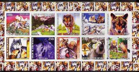 Benin 2003 Wolves imperf sheetlet containing 10 values unmounted mint, stamps on , stamps on  stamps on animals, stamps on  stamps on wolves, stamps on  stamps on dogs