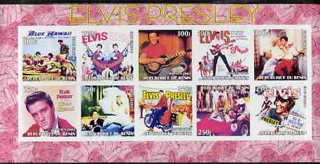 Benin 2003 Elvis Presley imperf sheetlet containing 10 values (pink border) unmounted mint, stamps on personalities, stamps on elvis, stamps on music, stamps on films, stamps on movies, stamps on motorbikes