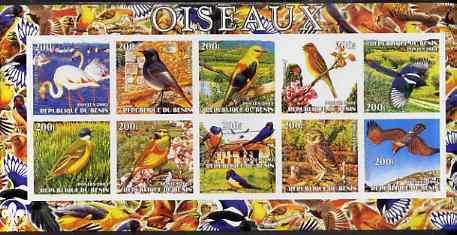 Benin 2003 Birds imperf sheetlet containing 10 values, Scout logo in margin, unmounted mint, stamps on , stamps on  stamps on birds, stamps on  stamps on birds of prey, stamps on  stamps on owls, stamps on  stamps on scouts