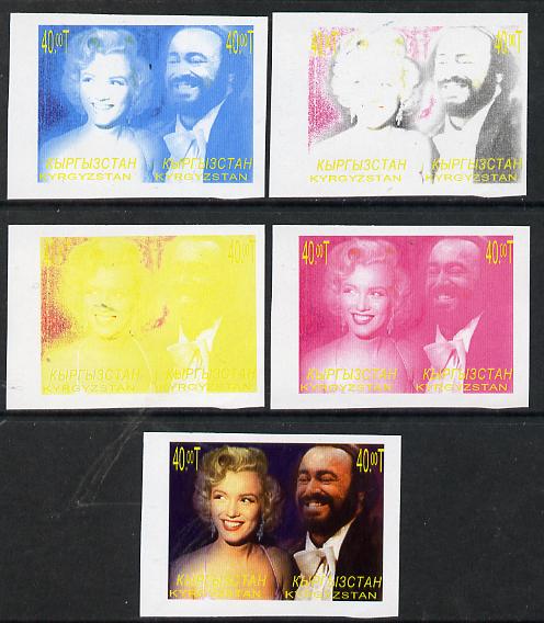 Kyrgyzstan 2000 Twentieth Century Icons - Marilyn Monroe & Pavarotti se-tenant pair - the set of 5 imperf progressive proofs comprising various 2-colour composites plus all 4 colours, stamps on films, stamps on cinema, stamps on marilyn monroe, stamps on music, stamps on personalities, stamps on opera, stamps on millennium 