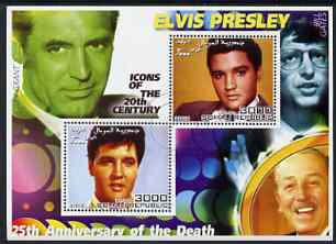 Somalia 2002 Elvis Presley 25th Anniversary of Death #01 perf sheetlet containing 2 values with Cary Grant, Walt Disney & Bill Gates in background cto used, stamps on personalities, stamps on millennium, stamps on music, stamps on elvis, stamps on disney, stamps on films, stamps on cinema, stamps on computers