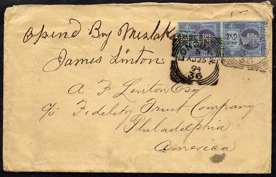 Great Britain 1894 cover to USA bearing pair Jubilee 2.5d each with HJN perfin, stamps on , stamps on  stamps on , stamps on  stamps on  qv , stamps on  stamps on 