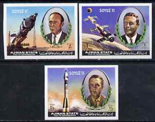 Ajman 1971 Soyuz 11 imperf set of 3 unmounted mint, Mi 1264-66B, stamps on , stamps on  stamps on space, stamps on  stamps on soyuz