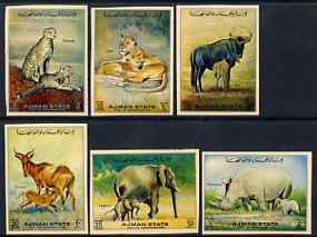 Ajman 1972 Animals imperf set of 6 on toned paper unmounted mint, Mi 1405-10C, stamps on , stamps on  stamps on animals, stamps on  stamps on rhino, stamps on  stamps on lion, stamps on  stamps on cheetah, stamps on  stamps on kongoni, stamps on  stamps on elephant, stamps on  stamps on gnu, stamps on  stamps on cats