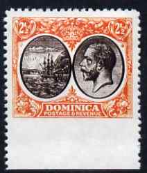 Dominica 1923-33 KG5 Badge 2.5d black & orange-yellow imperf between stamp and margin being a 'Hialeah' forgery on gummed paper (as SG 77var), stamps on , stamps on  stamps on ships, stamps on  stamps on  kg5 , stamps on  stamps on , stamps on  stamps on forgery, stamps on  stamps on forgeries