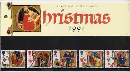 Great Britain 1991 Christmas - Illuminated Letters set of 5 in official presentation pack, stamps on , stamps on  stamps on christmas, stamps on bibles