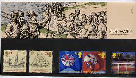 Great Britain 1992 Europa - International Events set of 5 in official presentation pack, stamps on olympics    ships   europa, stamps on columbus