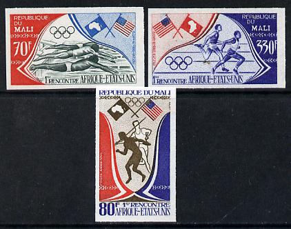 Mali 1973 Afro-American Sports Meeting imperf set of 3 (Swimming, Discus, Javelin, Running & Flags), SG 395-97, stamps on , stamps on  stamps on flags  olympics  sport  swimming   discus   javelin    running