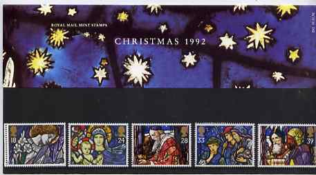 Great Britain 1992 Christmas - Stained Glass Windows set of 5 in official presentation pack, stamps on christmas       stained glass