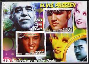 Somalia 2002 Elvis Presley 25th Anniversary of Death #03 perf sheetlet containing 2 values with Gabriel Garcia Marquez, Mae West & Charlie Chaplin in background fine cto used, stamps on personalities, stamps on millennium, stamps on music, stamps on elvis, stamps on films, stamps on cinema, stamps on comedy, stamps on chaplin