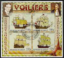Djibouti 2006 Explorers perf sheetlet containing 4 values (Cook & Shackelton in margins) very fine cto used, stamps on explorers, stamps on ships, stamps on cook, stamps on shackleton