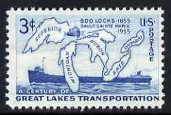 United States 1955 Centenary of Soo Locks 3c unmounted mint, SG 1071, stamps on , stamps on  stamps on maps, stamps on  stamps on lakes, stamps on  stamps on ships, stamps on  stamps on civil engineering, stamps on  stamps on canals