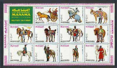 Manama 1972 Military Uniforms perf set of 11 unmounted mint, Mi 1008-1018A, stamps on animals, stamps on horses, stamps on militaria, stamps on uniforms