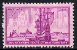 United States 1953 300th Anniversary of Foundation of New York City 3c unmounted mint, SG 1024, stamps on , stamps on  stamps on ships, stamps on  stamps on windmills