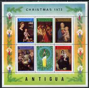 Antigua 1973 Christmas perf m/sheet containing set of 6 unmounted mint, SG MS173, stamps on , stamps on  stamps on christmas, stamps on  stamps on raphael, stamps on  stamps on murillo, stamps on  stamps on arts, stamps on  stamps on candles