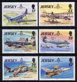 Jersey 1993 75th Anniversary of Royal Air Force perf set of 6 values unmounted mint SG 618-23, stamps on aviation, stamps on  raf , stamps on flying boats, stamps on douglas