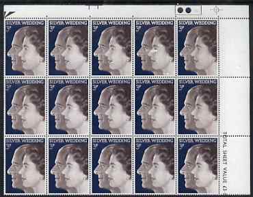 Great Britain 1972 Royal Silver Wedding 3p unmounted mint traffic light corner block of 15 with numerous white spots probably caused by a cleaning solution splashing onto..., stamps on royalty, stamps on silver wedding